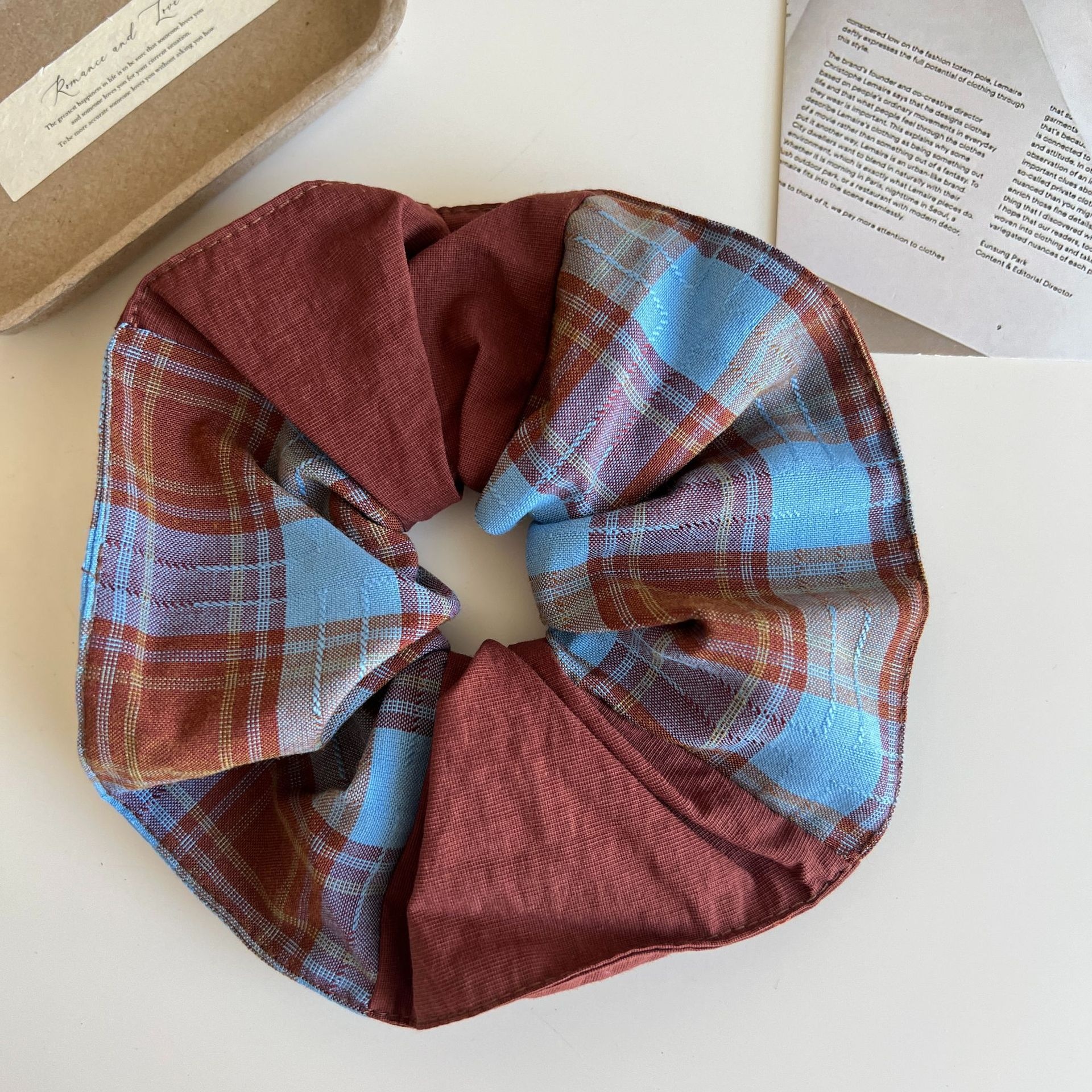 Women Girls Cloth Scarf Ponytail Hair Tie Blue Red Plaid Lattice