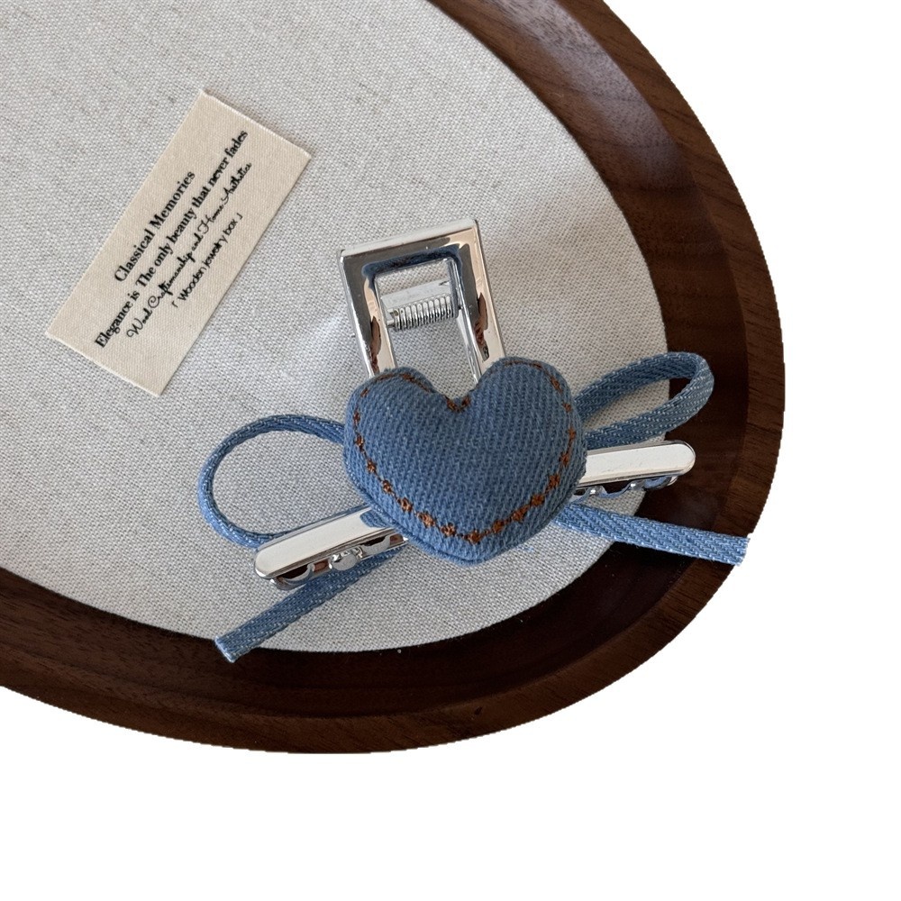 Women's Retro Denim Hair Tie Summer Accessory Pearl Heart Bow Knot