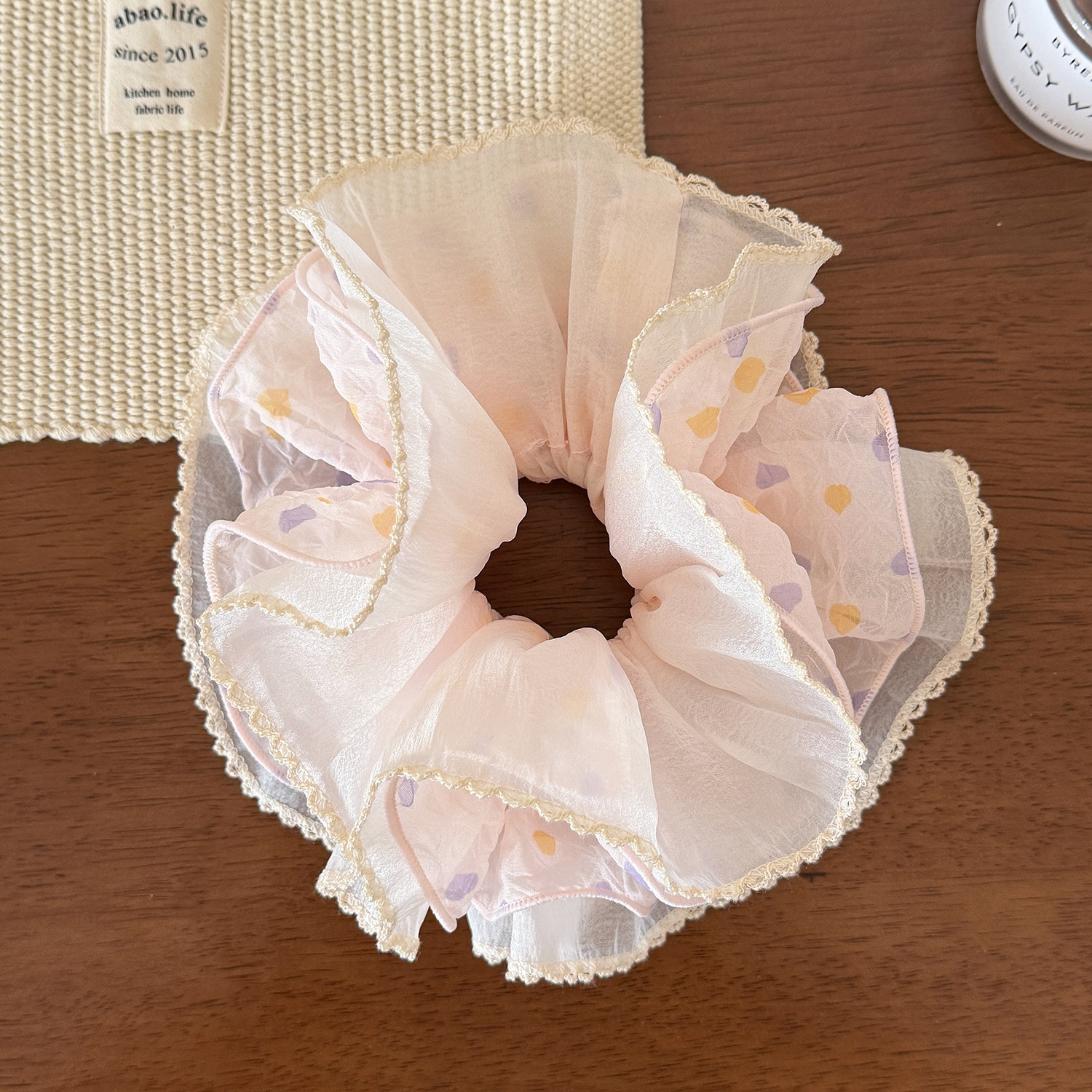 Women's Sweet Spring Gauze Hair Tie Scrunchie Grey Polka Dots