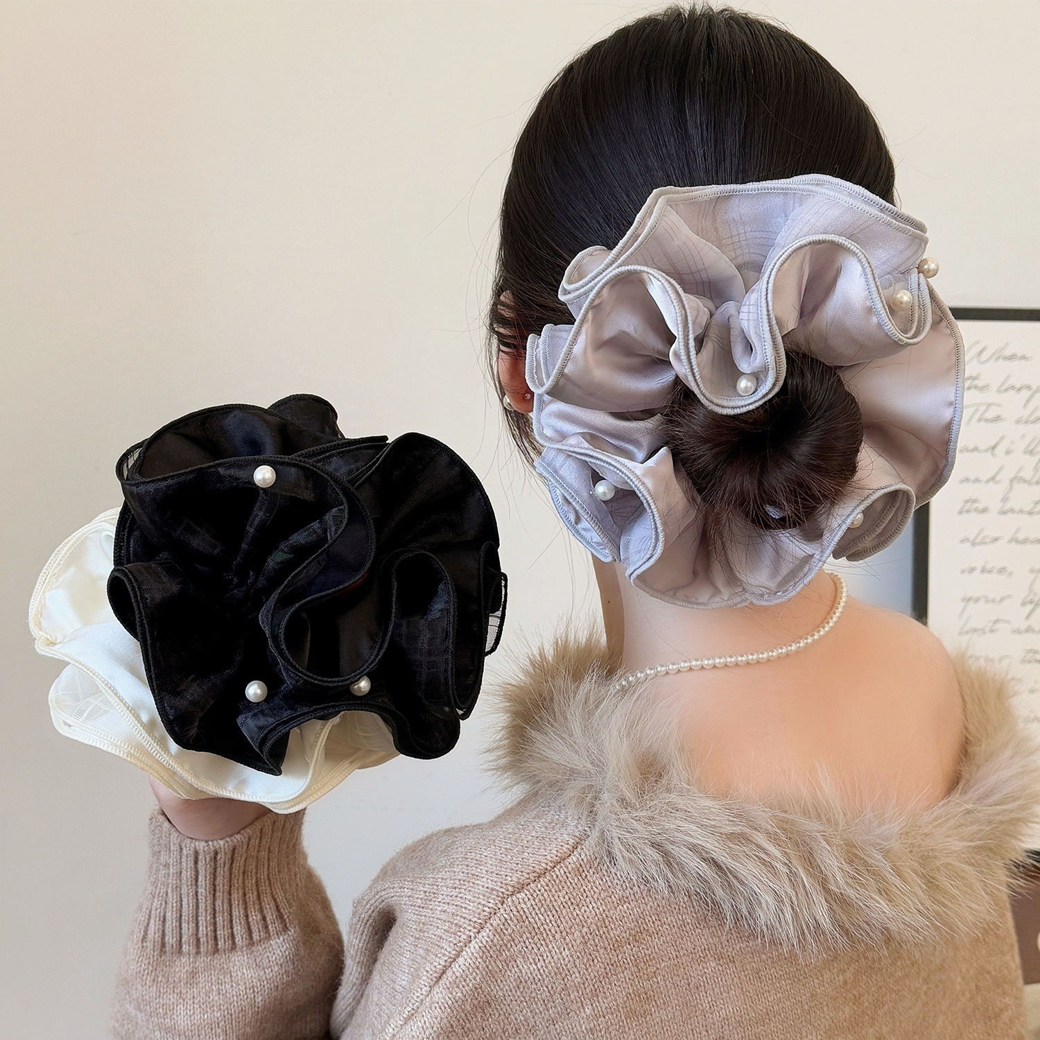 Women's Spring Soft Gauze Pearl Bubble Braid Hair Tie Solid Black