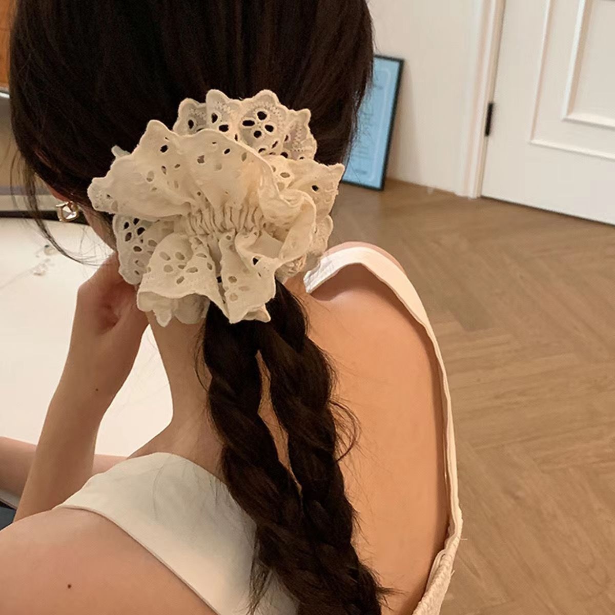 Women's Princess Ballet Fabric Hair Scrunchie White Hollow Lace