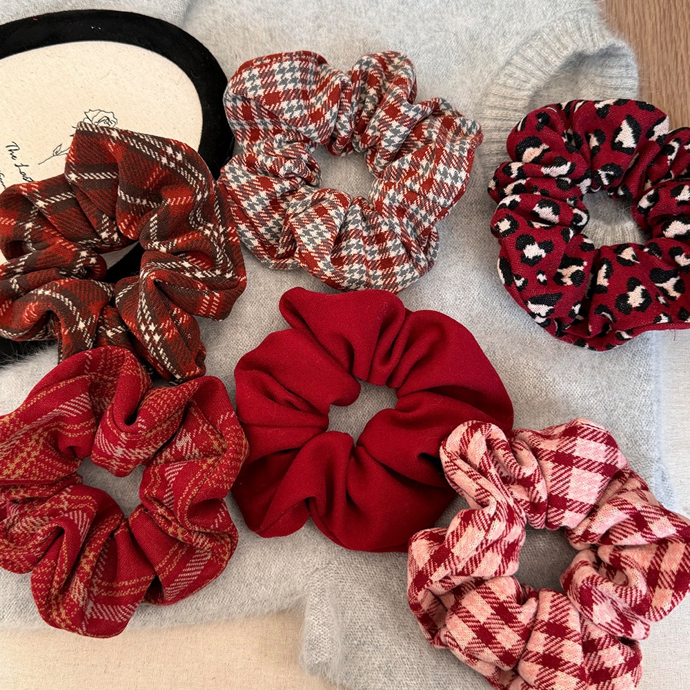 Women Girls Large Elastic Hair Scrunchie Forest Style Red Plaid Tie