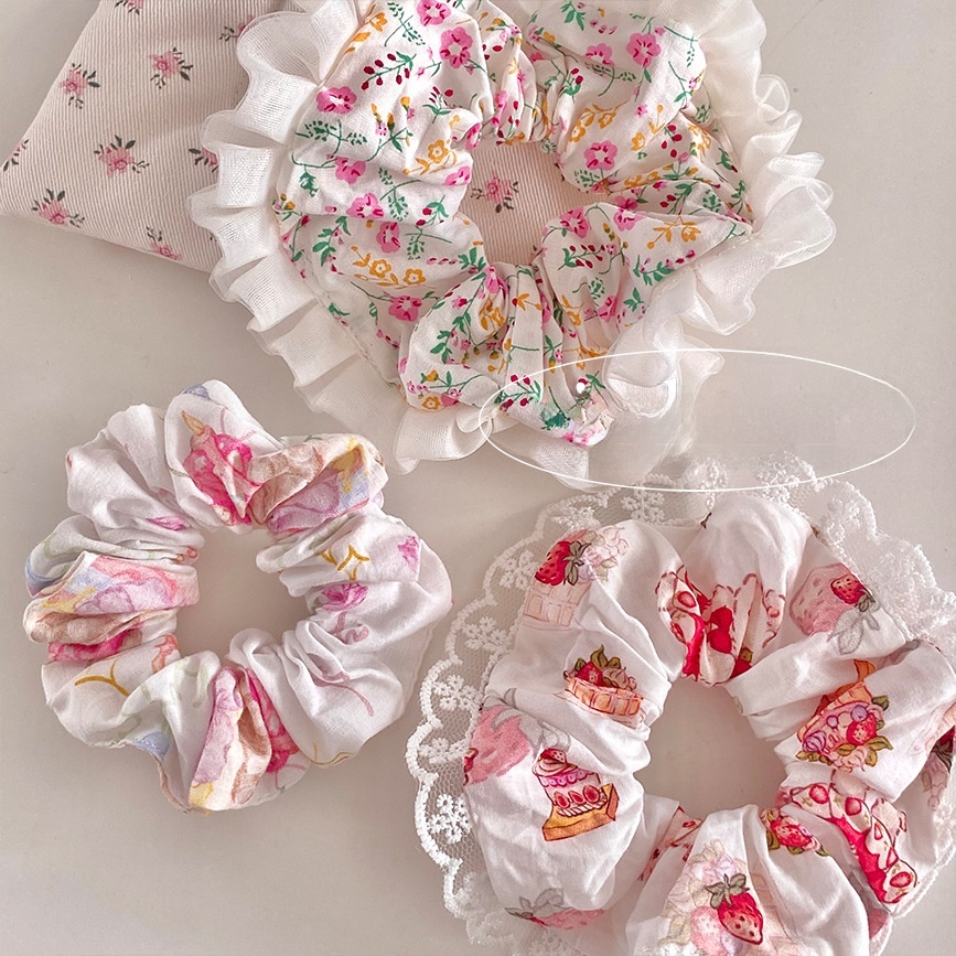 Women's Soft Cloth Lace Hair Tie with Sweet Strawberry Floral Pattern