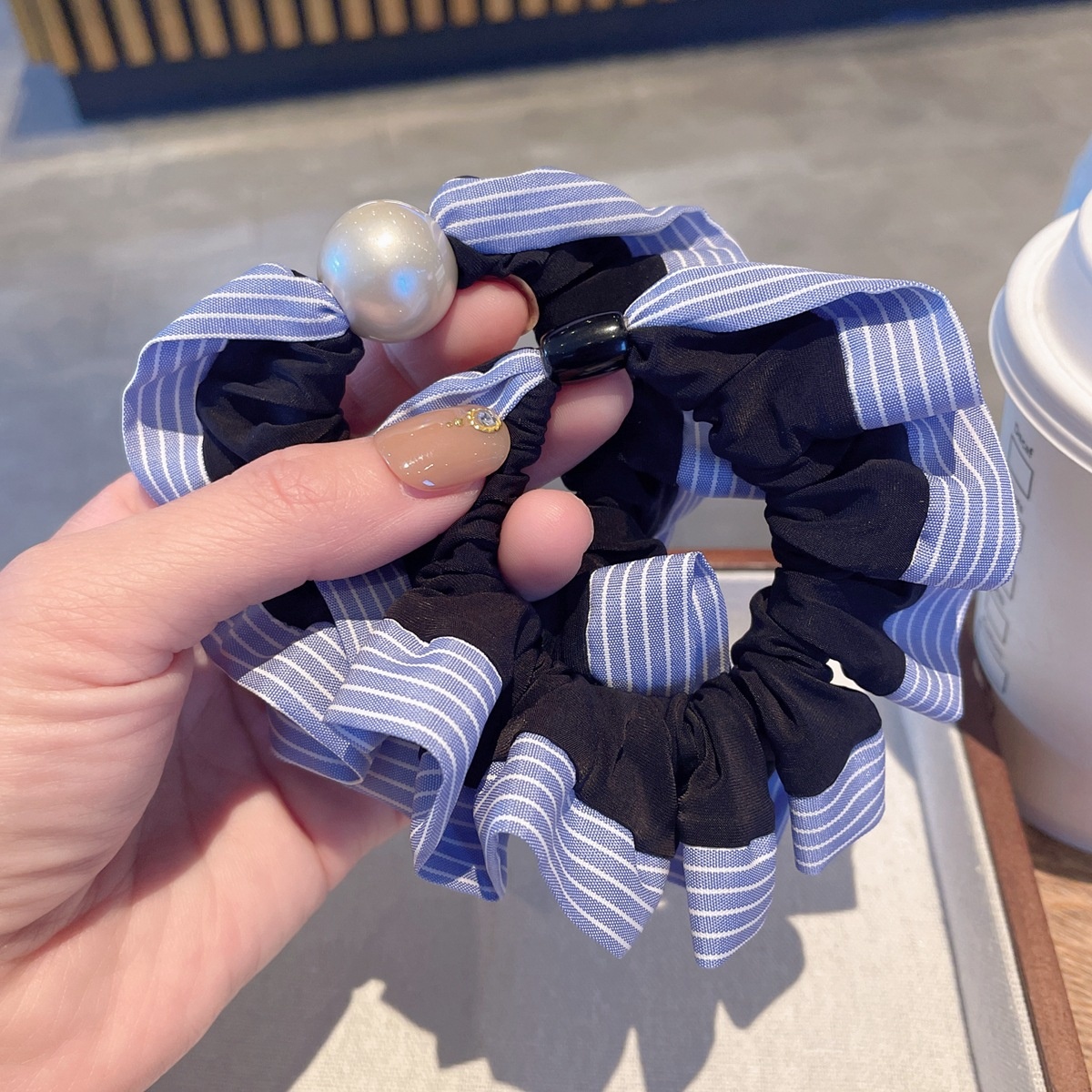 Women's Summer Pearl Rubber Band Hair Tie Accessory Blue Striped Cloth