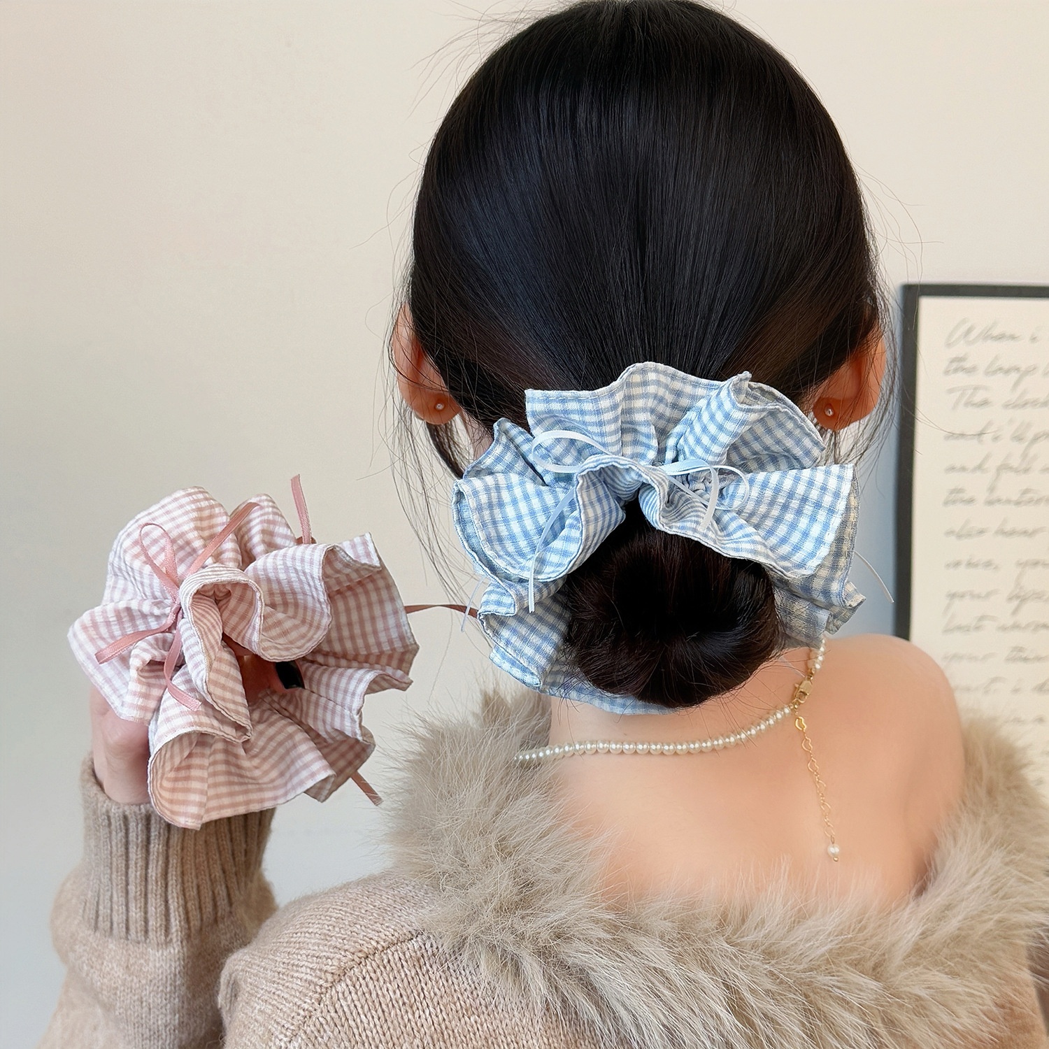 Women's Sweet Spring Soft Cloth Bowknot Hair Tie Accessory Blue Plaid