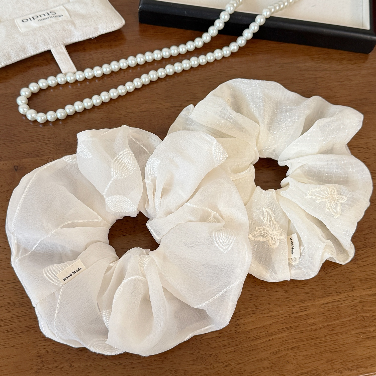 Women's Spring Soft Gauze Hair Tie Beige Floral Butterfly Embroidery