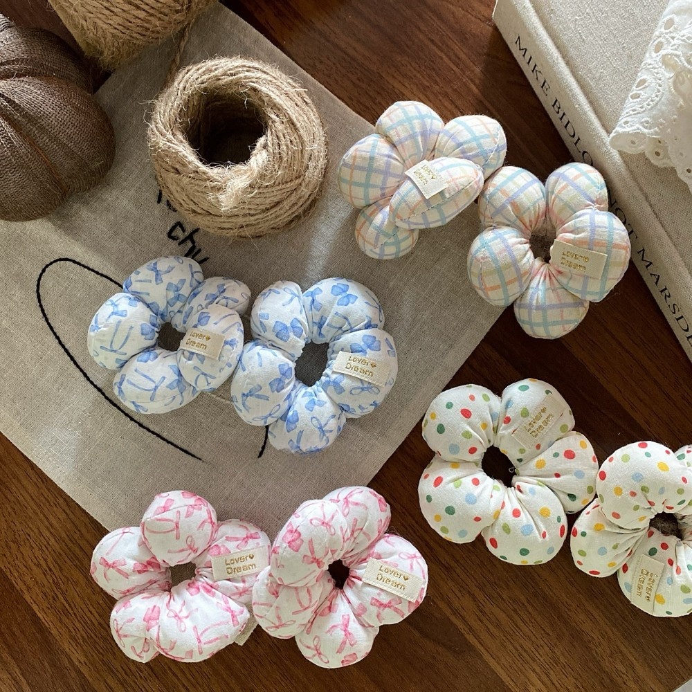 Women Sweet Cloth Bubble Braid Hair Rope Spring Floral Bow Knot Beige Pink