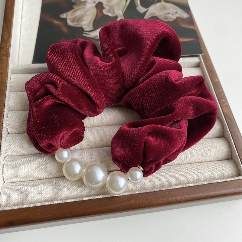 Women Pearl Velvet Winter Scrunchie Elastic Hair Tie Solid Black Red