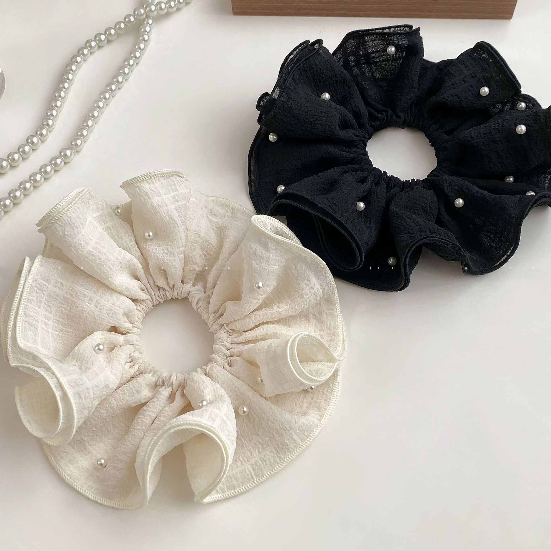 Women's Elegant Spring Pearl Gauze Hair Tie Accessory Beige Lace