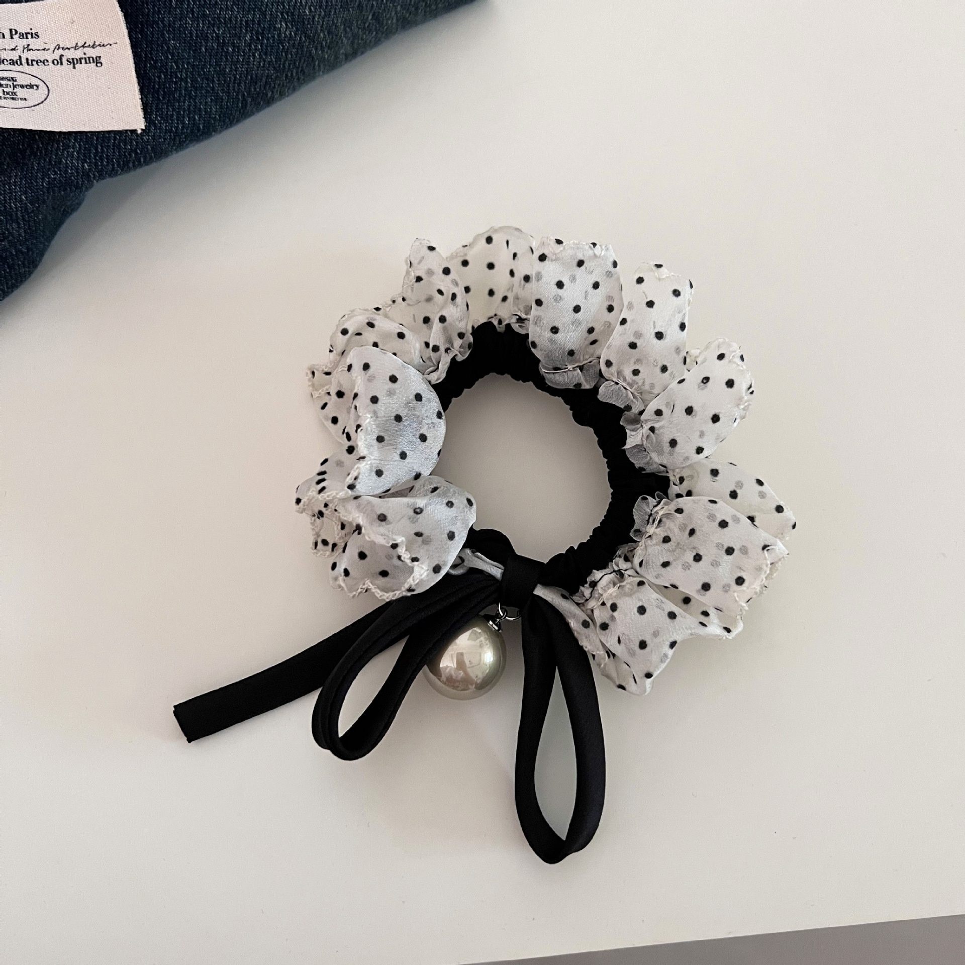 Women's Daily Pearl Bow Elastic Hair Tie Black White Polka Dot Cloth