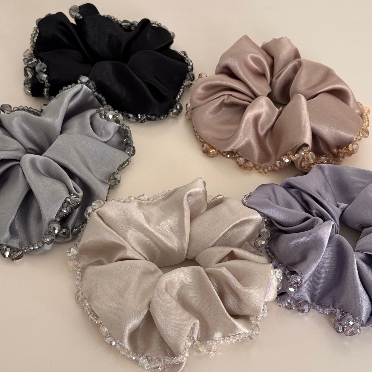 Women's Spring French Retro Satin Hair Tie Sparkly Crystal Beige