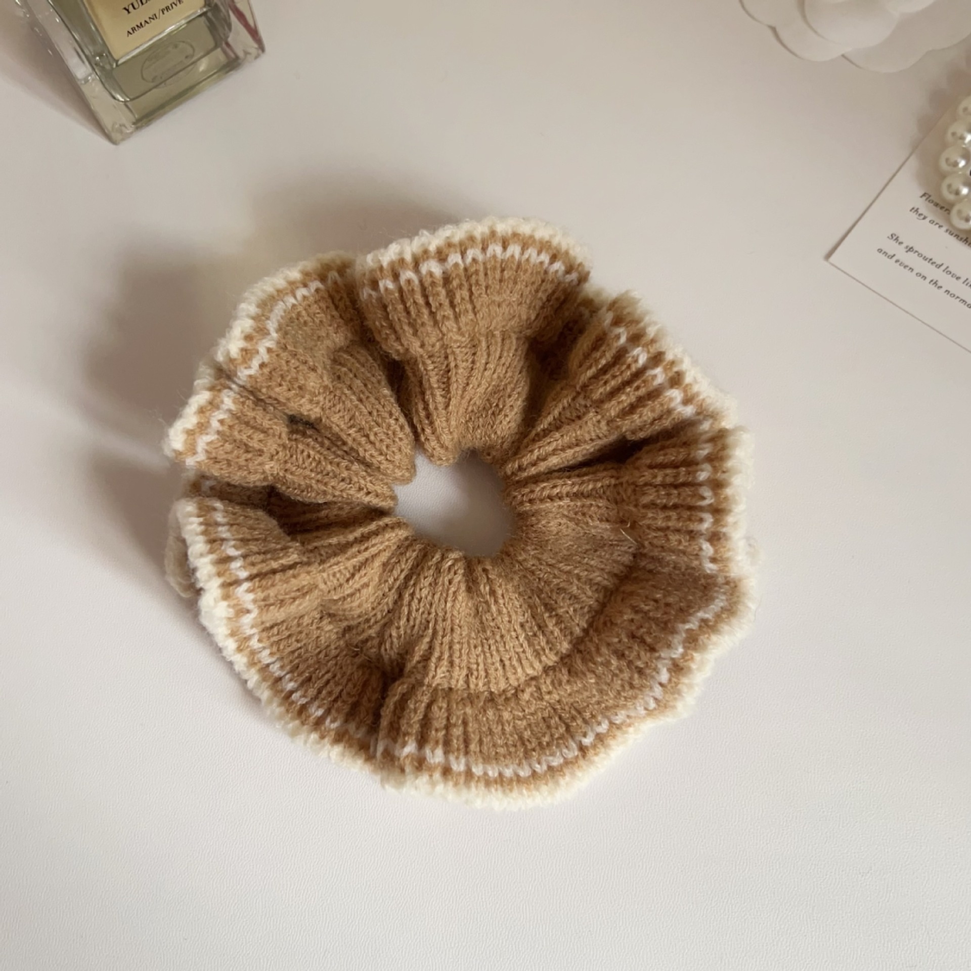 Women's Autumn Winter Warm Yarn Hair Tie Pink Plaid Color Block