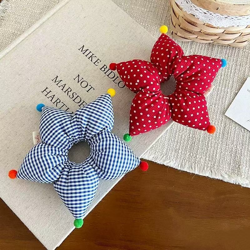 Girls Soft Cloth Bubble Braid Hair Tie Daily Wear Red Pentagram Pattern