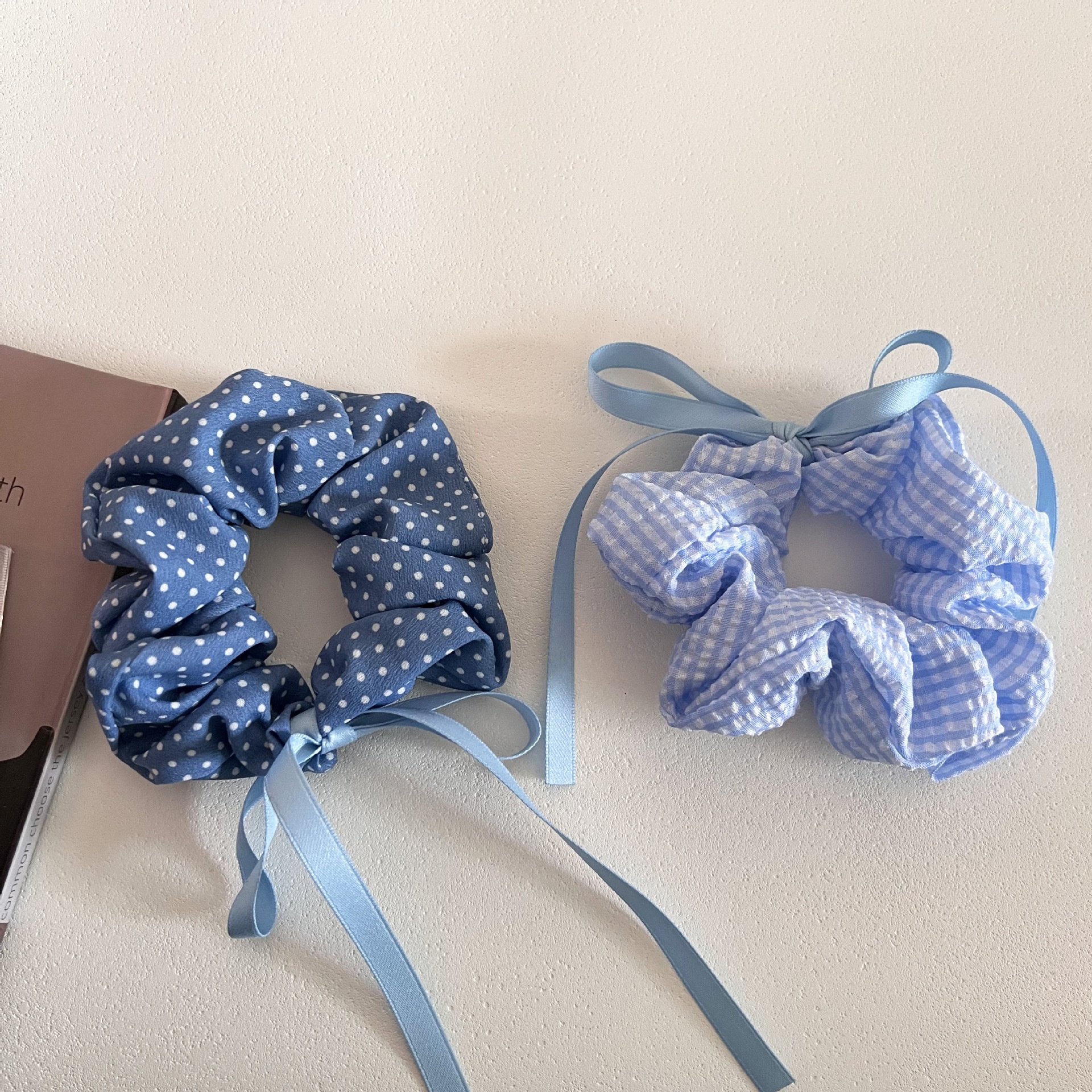 Women's Large Cloth Bow Scrunchie For Hair Buns Blue Plaid Polka Dot