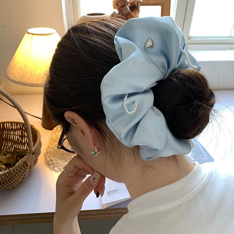 Women's Premium Satin Pearl Hair Tie Elegant Bun Band Blue Bow Knot