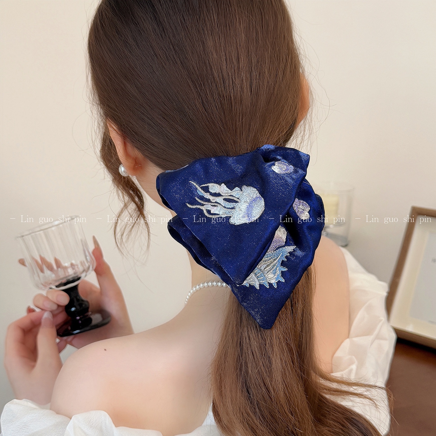 Women's Soft Cloth Hair Tie, Navy Blue Marine Starfish Shell Embroidery
