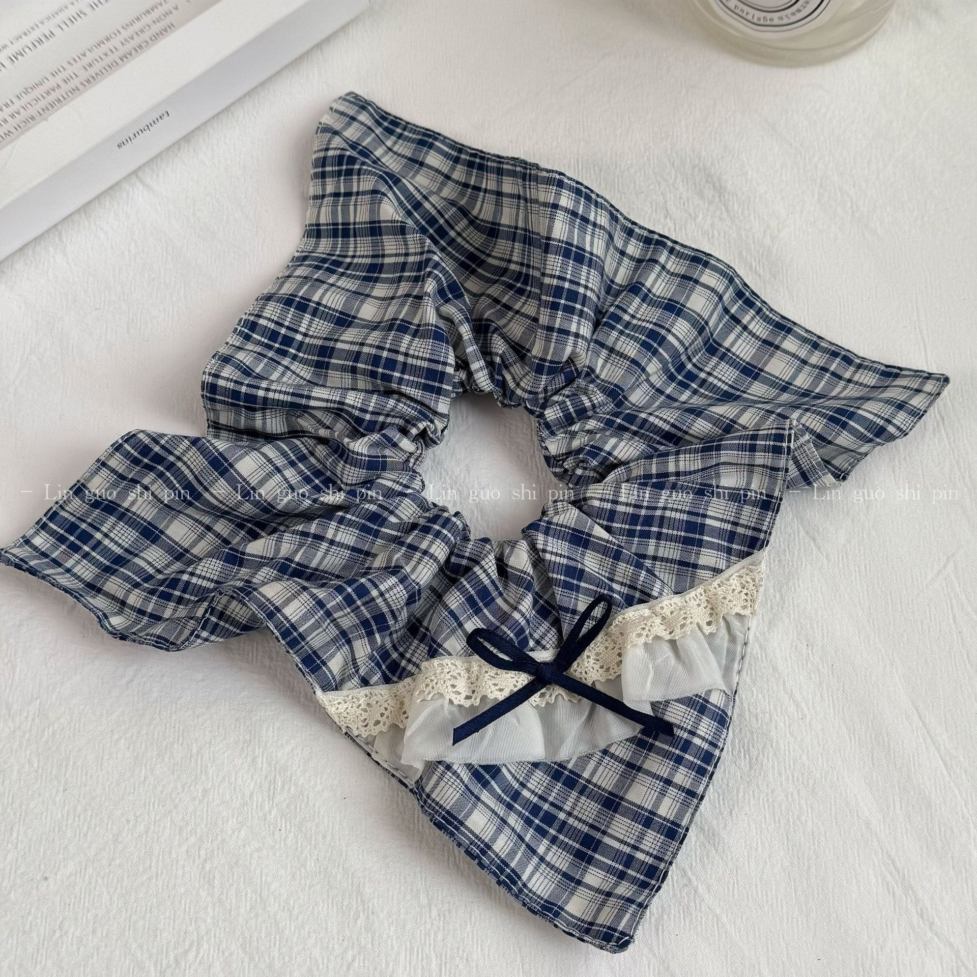 Women's All-Season Preppy Cloth Bowknot Hair Tie Blue Plaid Lace
