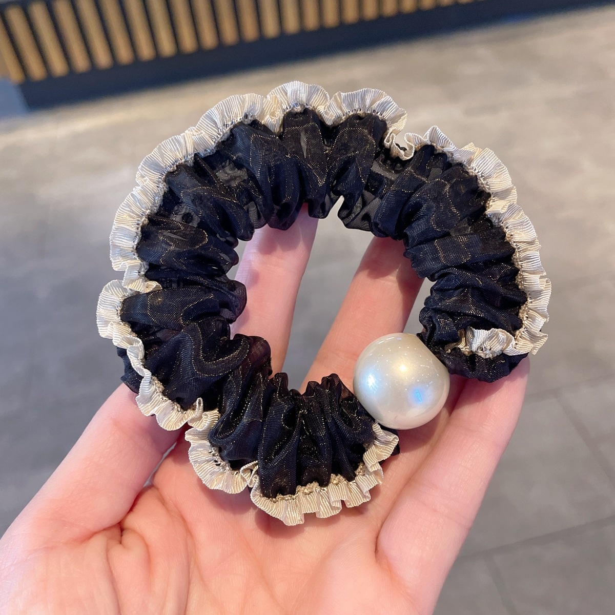 Women's Summer French Style Gauze Pearl Hair Tie Black Polka Dots