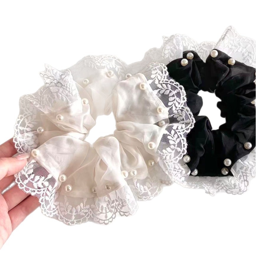 Women's Elegant Pearl Organza Spring Hair Scrunchie Black White Lace