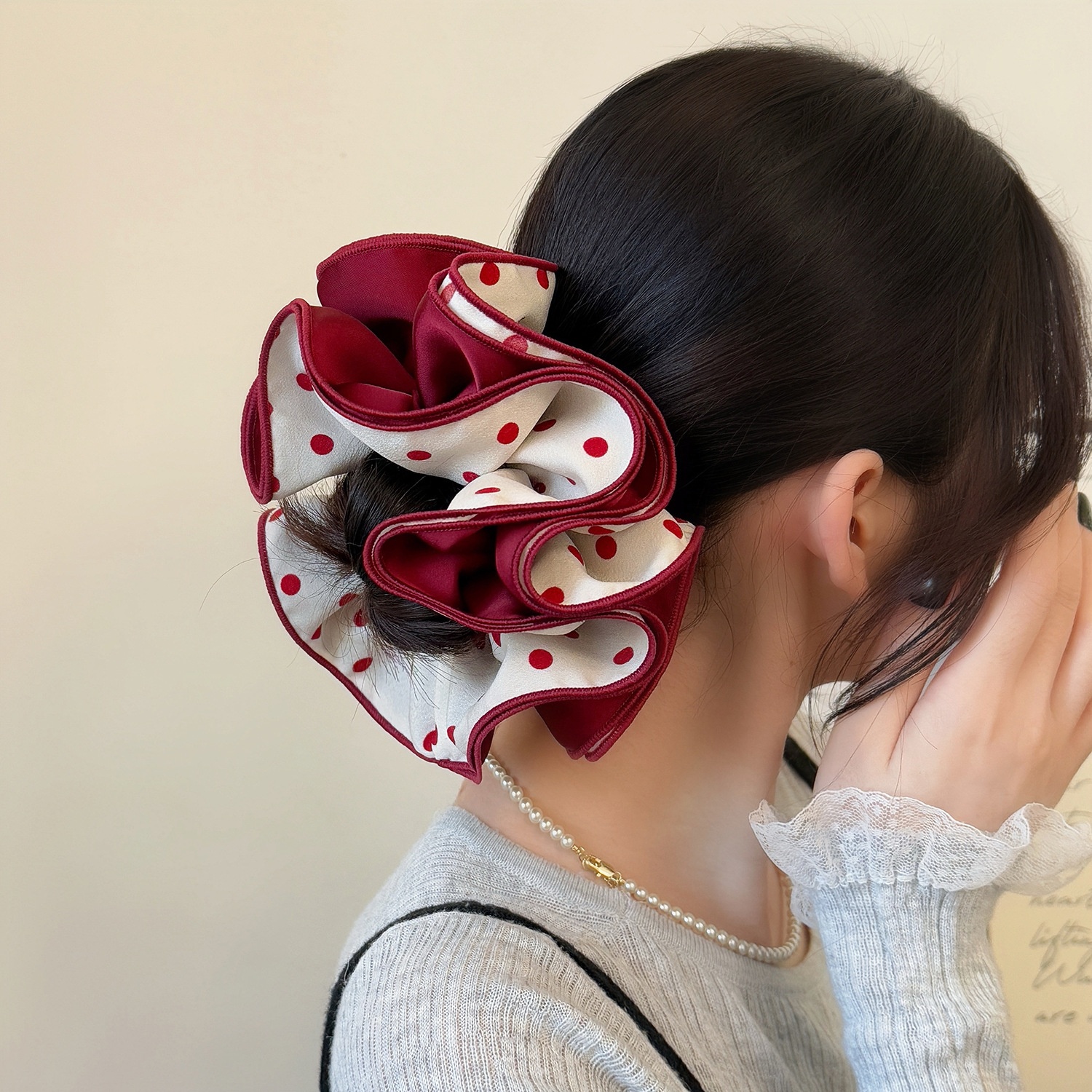 Women's Four-Layer Cloth Hair Tie For Bun Styling Red Polka Dot