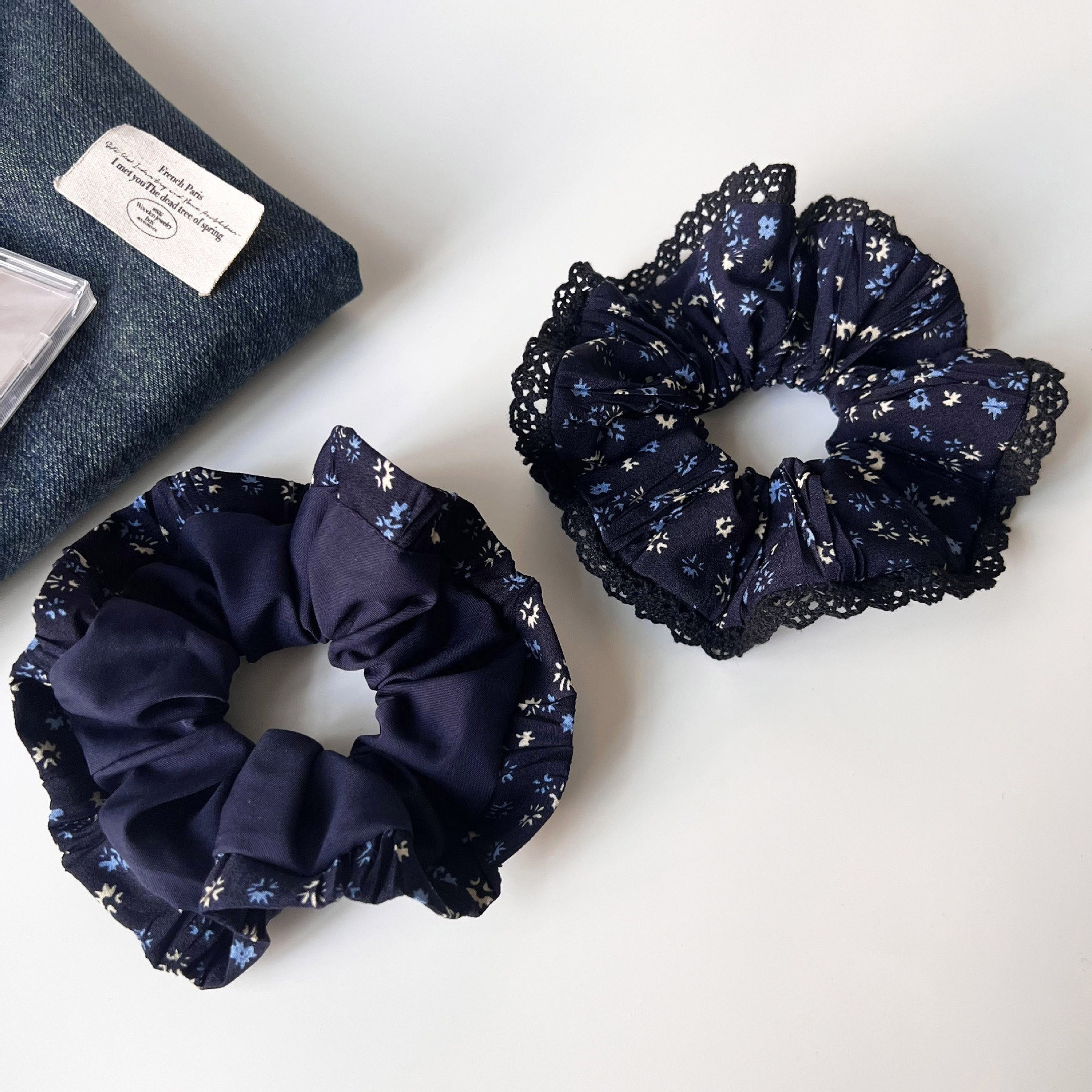 Women's Autumn Retro Cloth Hair Tie Navy Blue Ditsy Floral