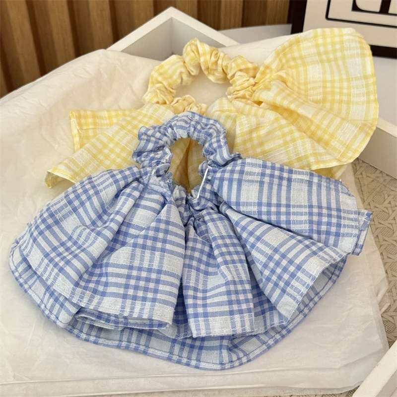 Women's Stylish Cloth Hair Scrunchie For Daily Wear Yellow Blue Plaid