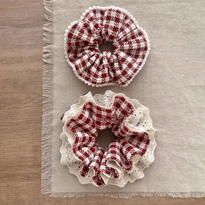 Ladies Christmas Cotton Multi-Layer Hair Tie Scrunchie Red Plaid