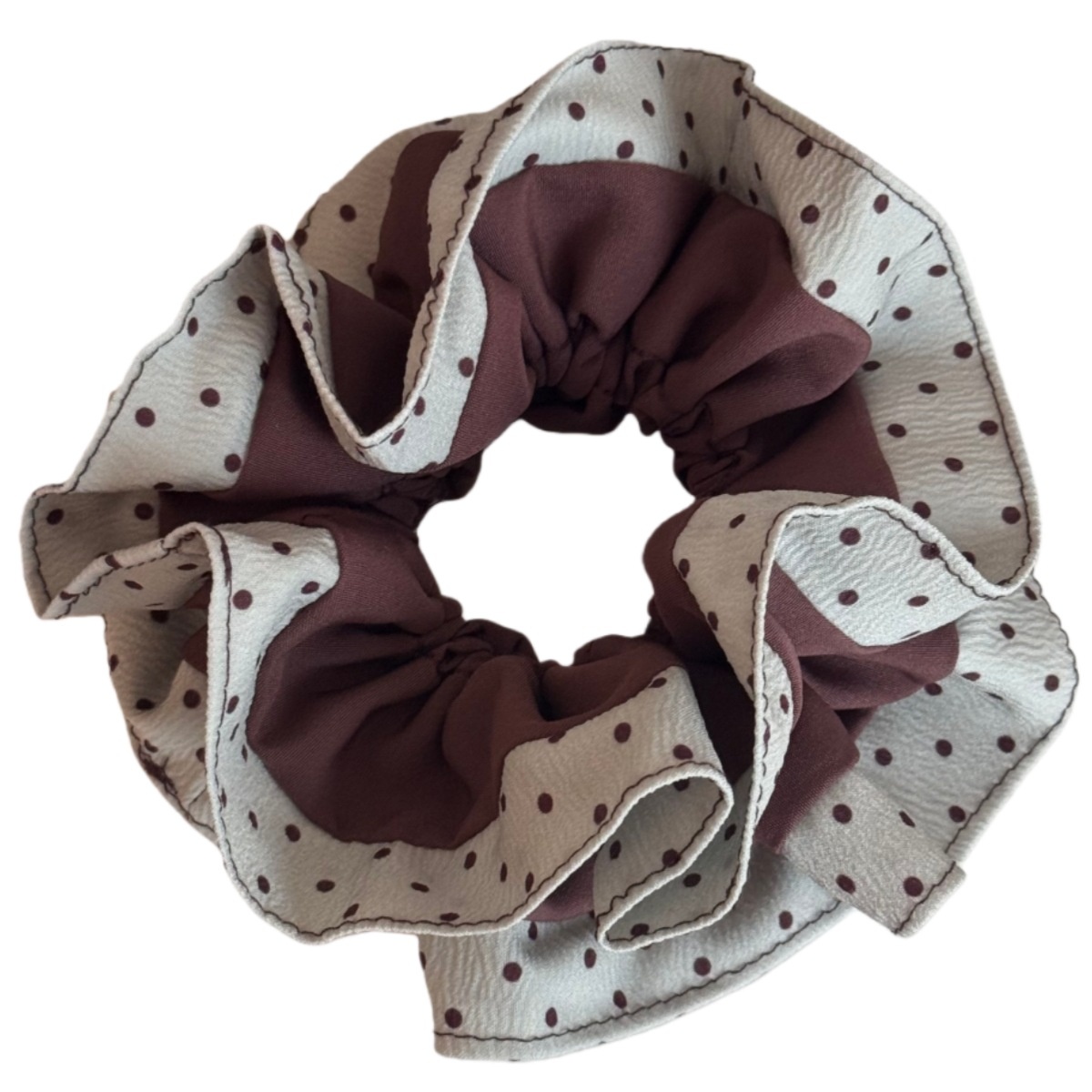 Women's Winter Cloth Scrunchie Hair Tie Beige Coffee Spliced Polka Dots