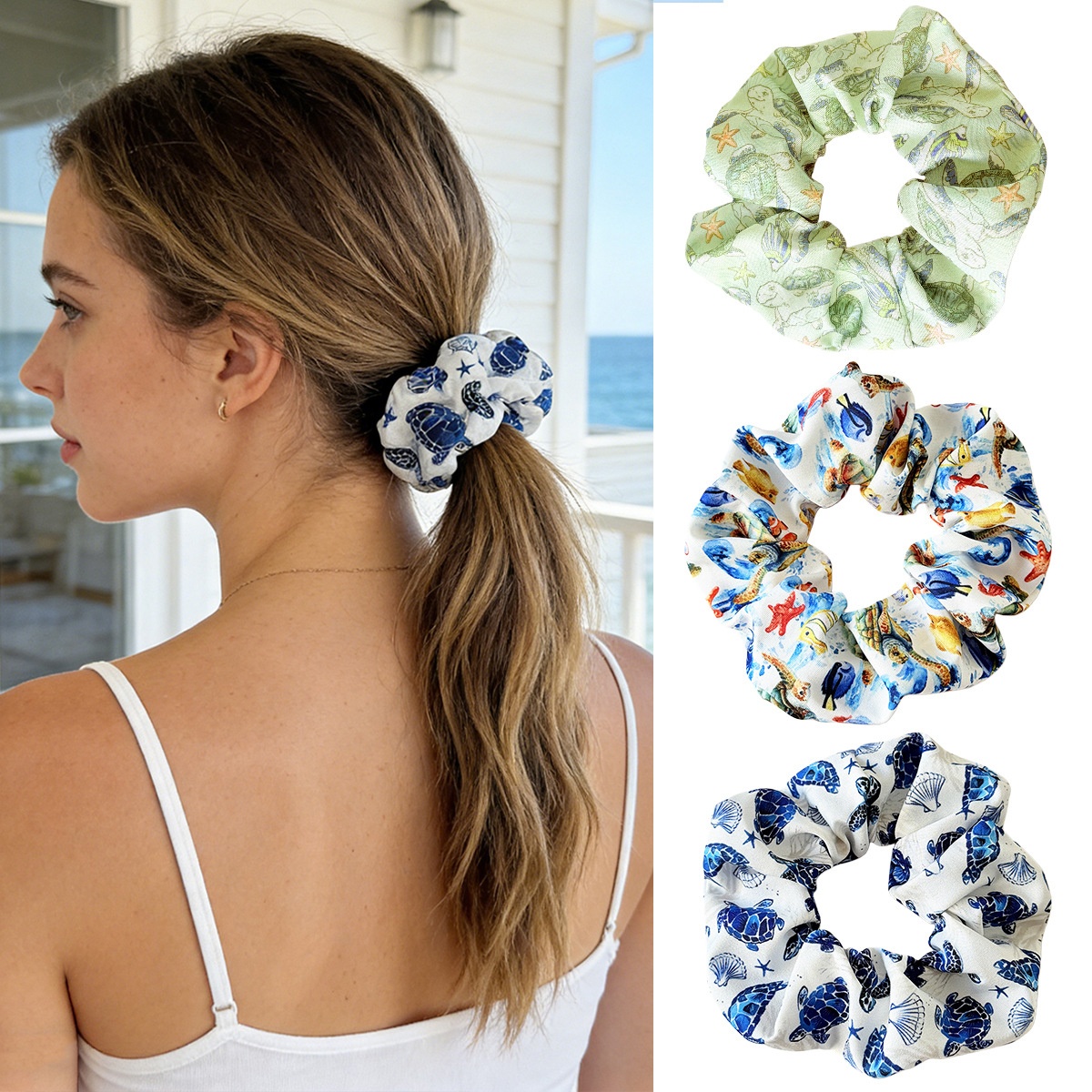 Women's Spring Cloth Hair Tie Blue Marine Cartoon Tortoise Pattern