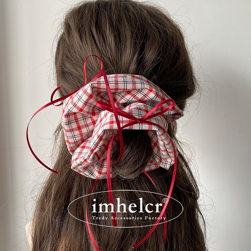 Women's Heavy Duty Cloth Bow Ponytail Hair Tie For Ballet Wine Red Plaid