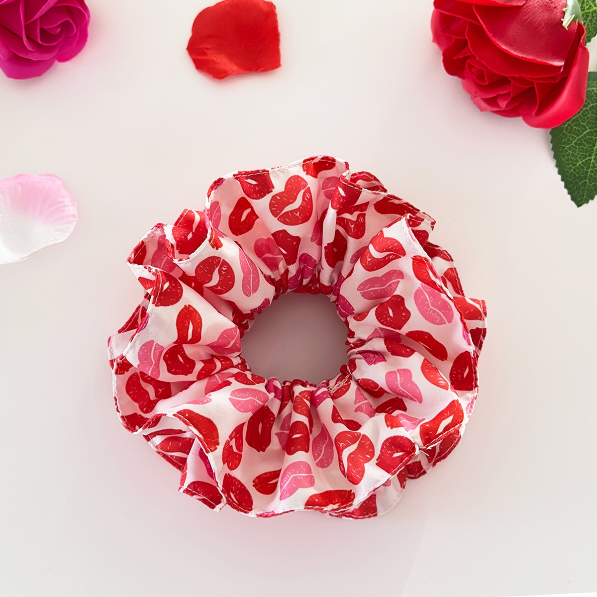 Women's Double Layer Cloth Hair Scrunchie Valentine Heart Lip Pattern