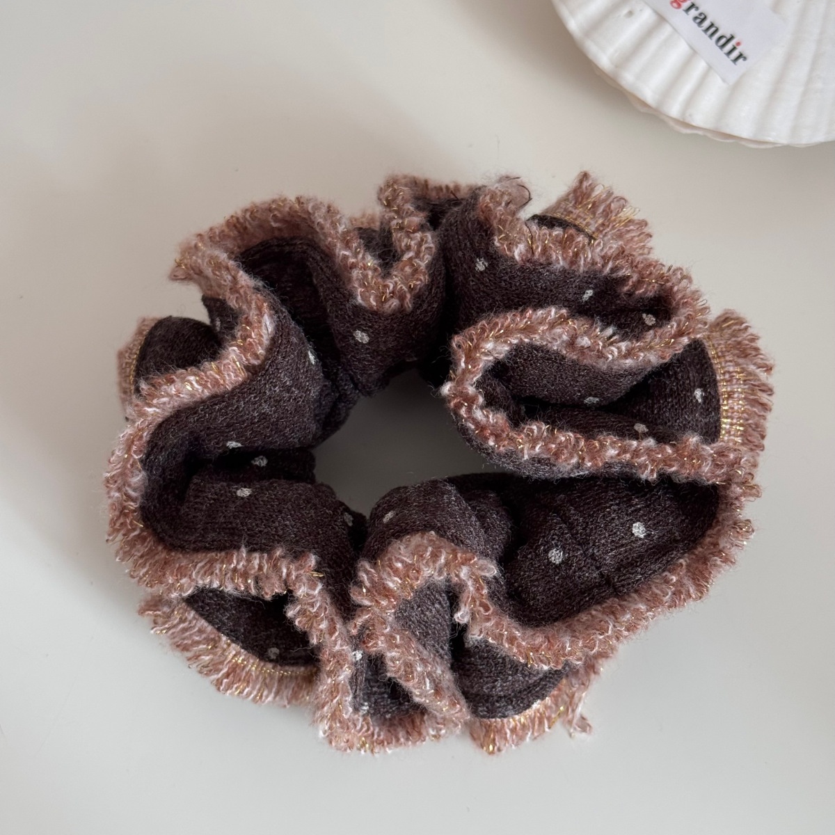 Women's Winter Cozy Plush Knit Hair Tie With Coffee Polka Dots