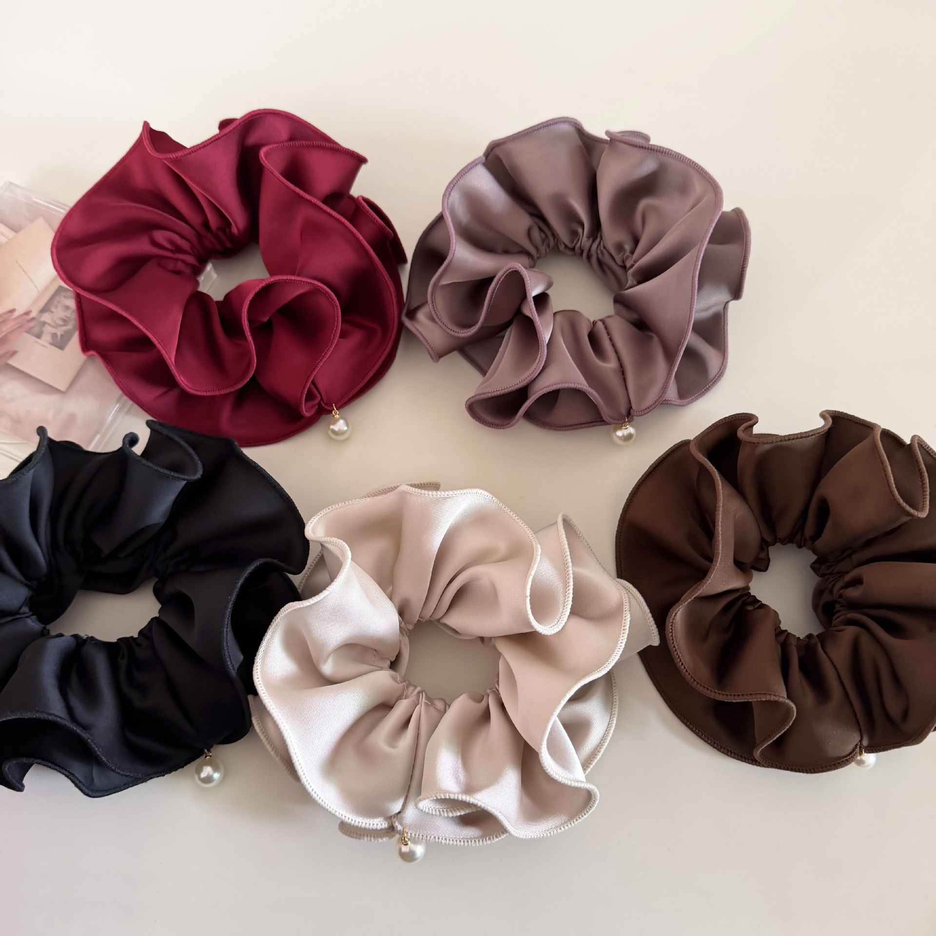 Women's Satin Ruched Bowknot Hair Tie Soft Pearl Elegant Solid Color