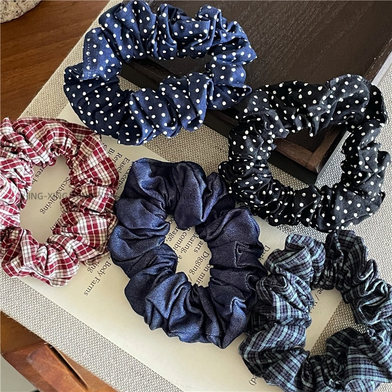 Women's Casual Fabric Tail Hair Ties Denim Blue Polka Dot Plaid