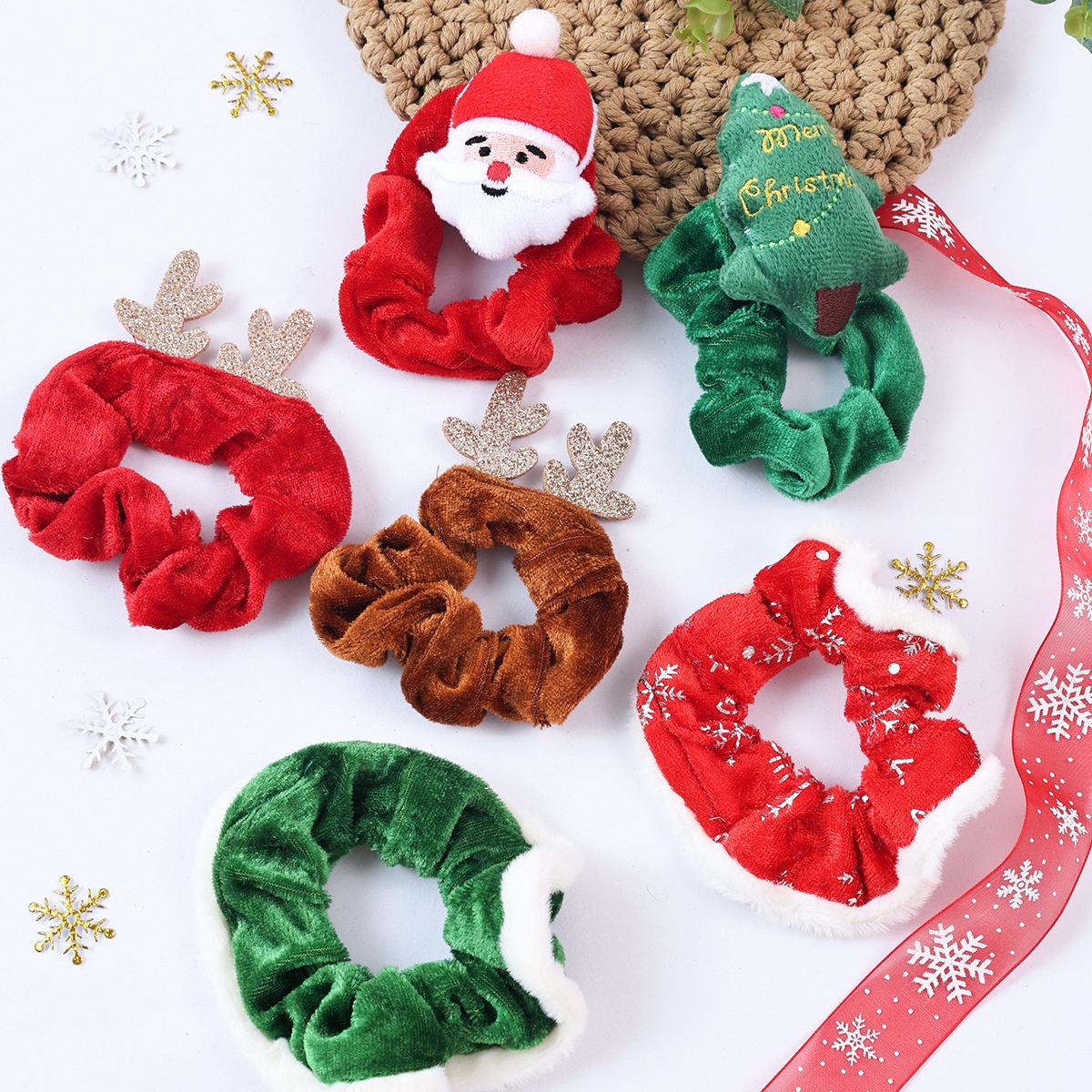 Women Cute Christmas Deer Plush Hair Ties High Elasticity Festive Fabric Hair Bands
