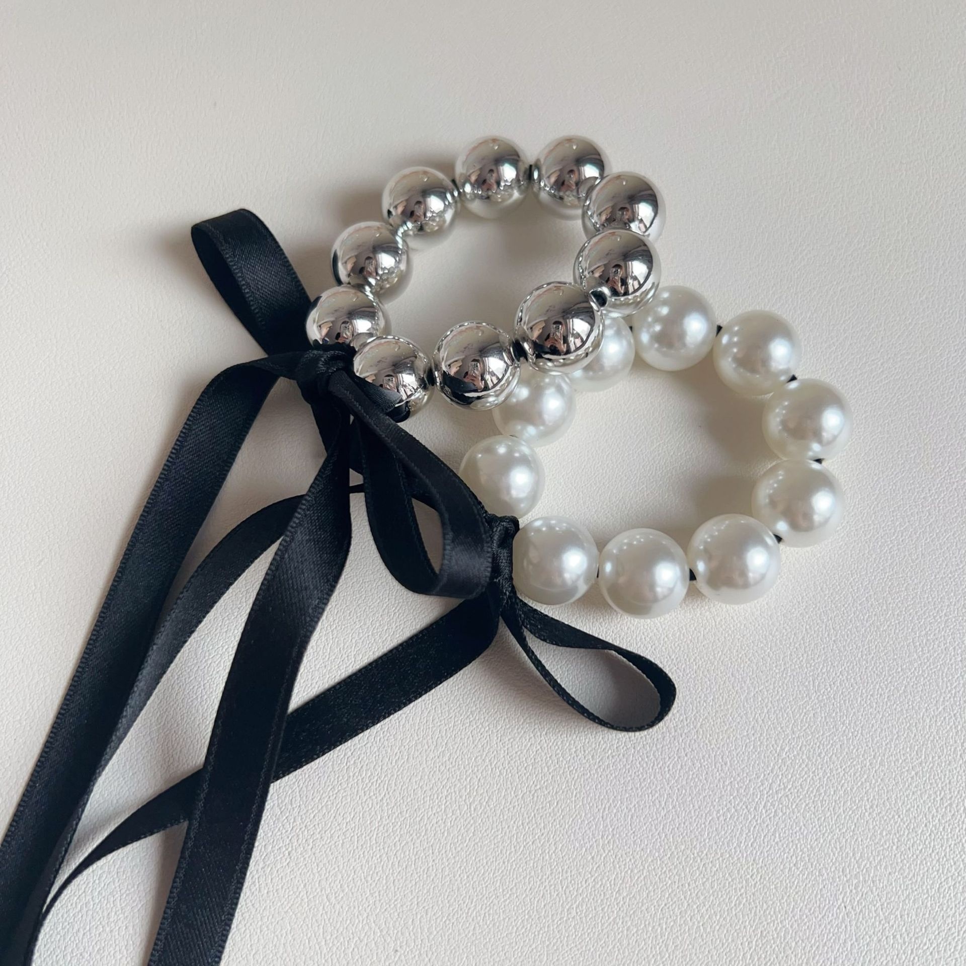 Women's Summer Beaded Bowknot Hair Tie Accessories White Silver
