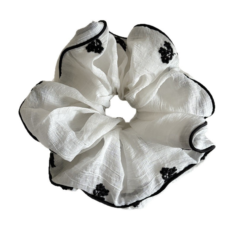 Women's Vintage Chinoiserie Flower Embroidery Cloth Hair Tie in Black