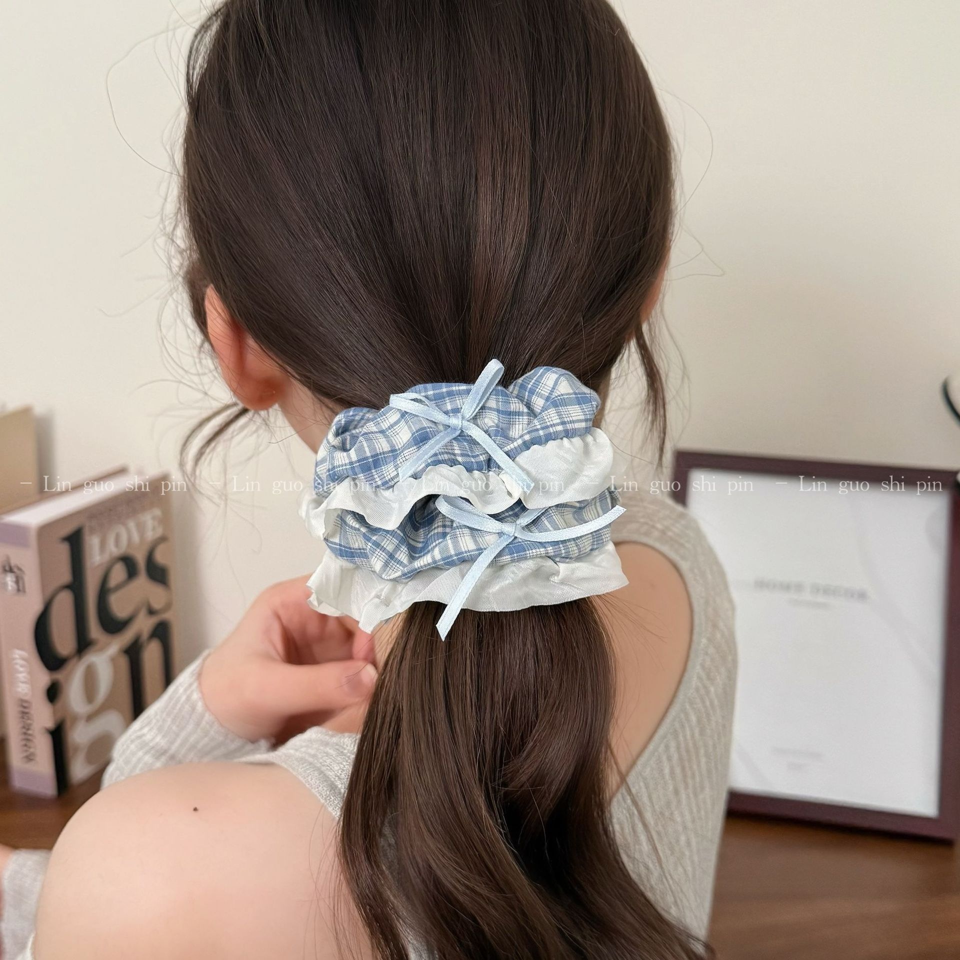 Women's All-Season Preppy Cloth Bowknot Hair Tie Blue Plaid Lace