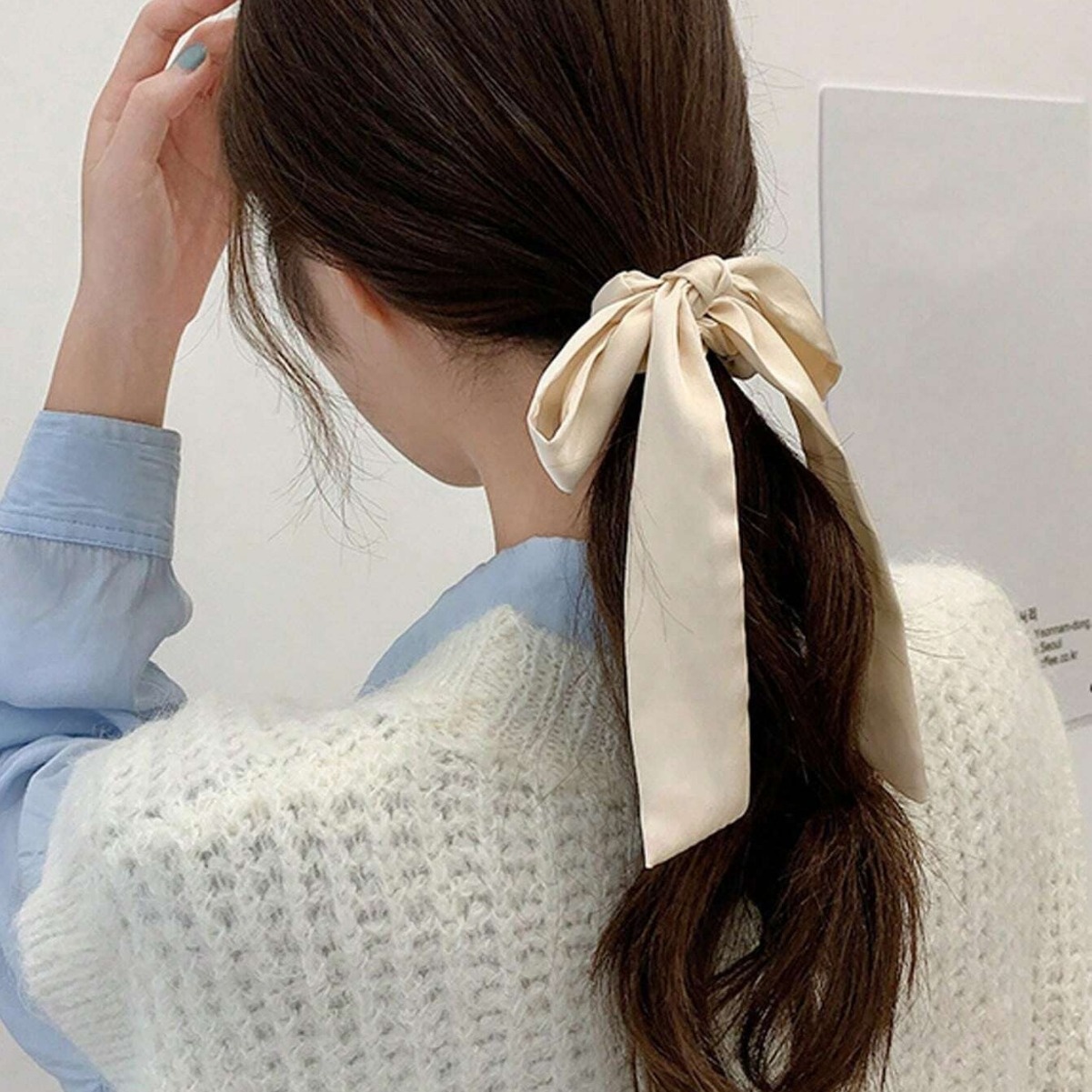 Women Girls French Polka Dot Bow Hair Scarf Fabric Ponytail Holder Tie