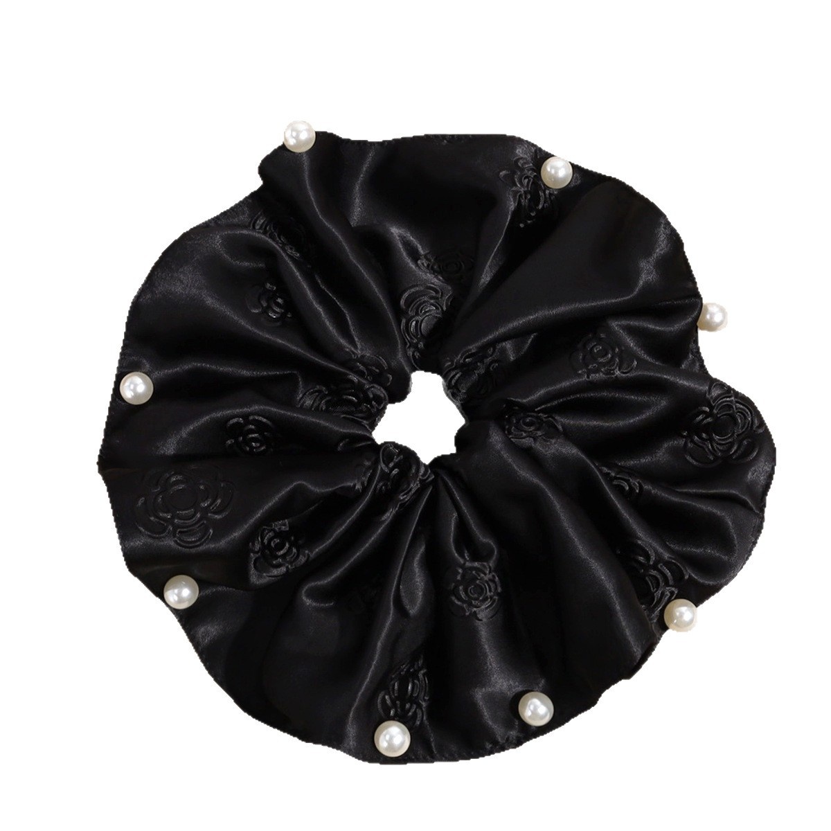 Women's Summer Retro Pearl Satin Hair Tie Beige Floral Pattern