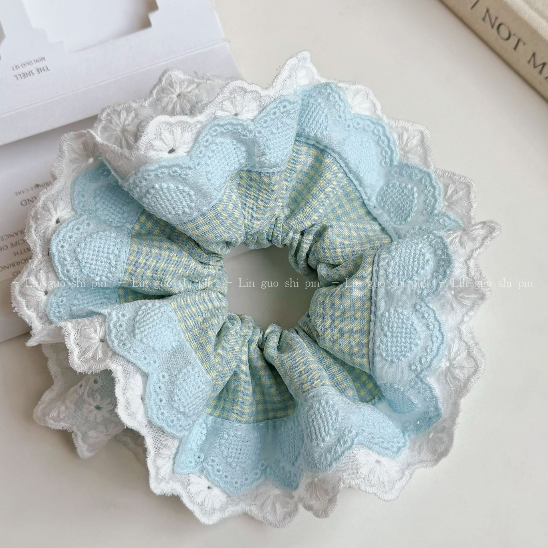 Women's Preppy Lace Heart Shape Hair Tie Daily Accessory Blue Plaid