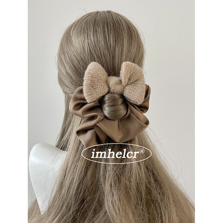Women's Knitted Satin Plaid Bow Headband Autumn Winter Elastic Hair Accessories
