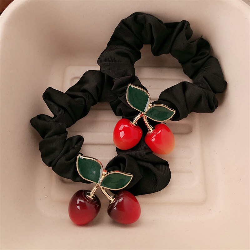 Women's Handmade Retro Cherry Alloy Elastic Ponytail Hair Band Maroon