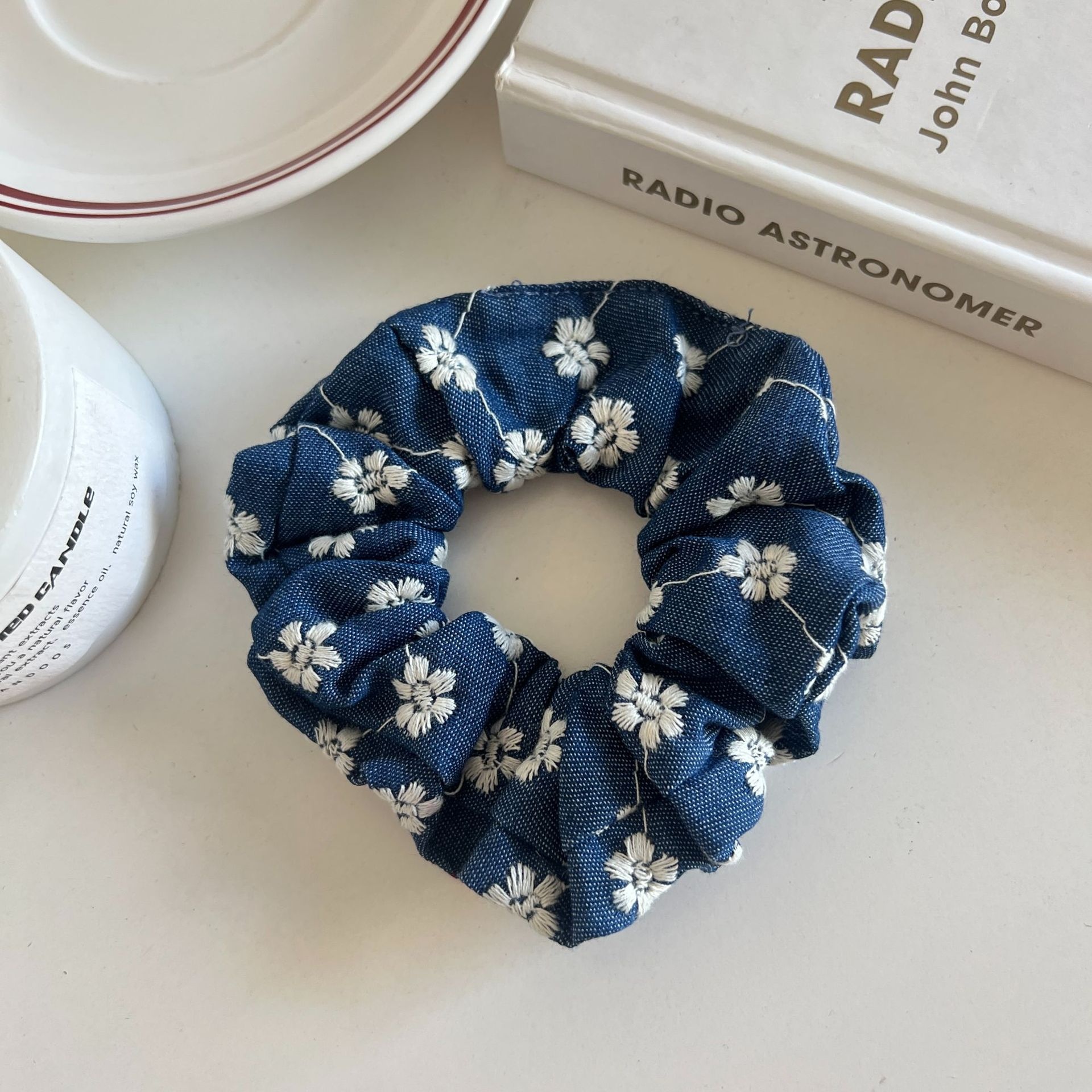 Women's Large Denim Blue Rose Flower Hair Tie Elegant Elastic Cloth Hair Band