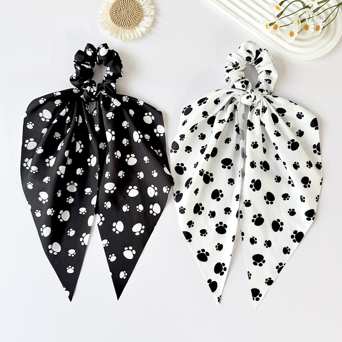 Women's Spring Cloth Hair Tie Accessory Cute Black Paw Print Bow Knot