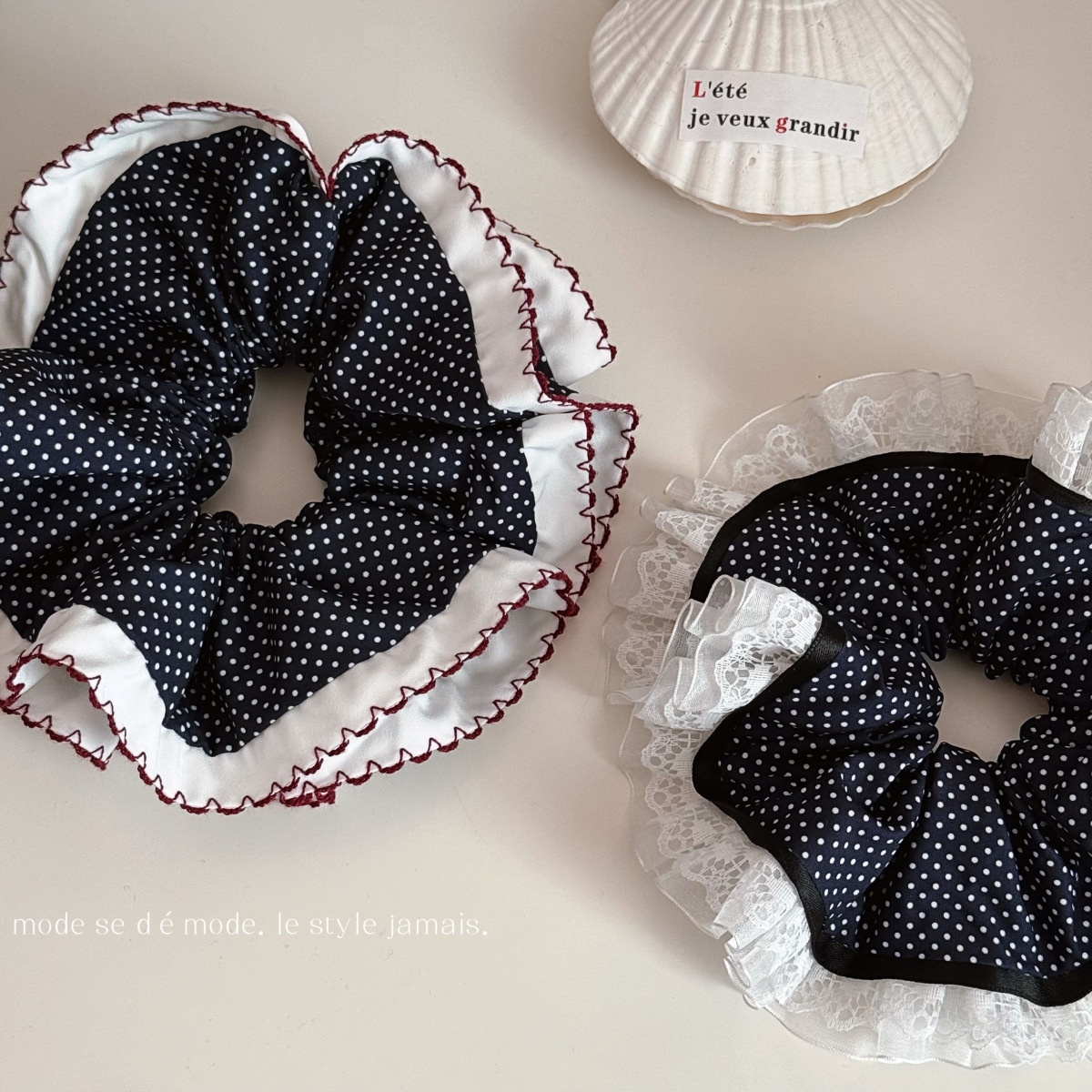 Women's Daily French Style Soft Cloth Hair Tie Navy Blue Polka Dots