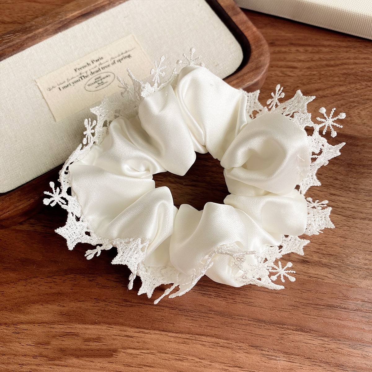 Women's French Style Satin Large Scrunchie Hair Tie White Star Lace