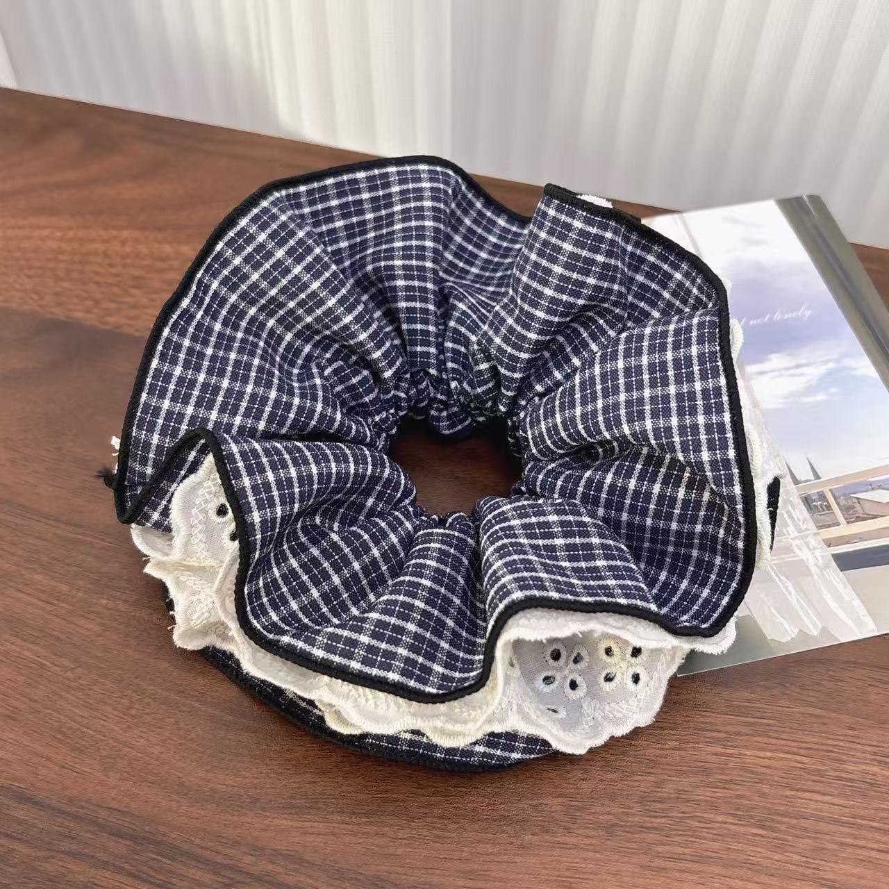 Women's Double Layer Cloth Lace Low Bun Hair Tie Plaid Pattern