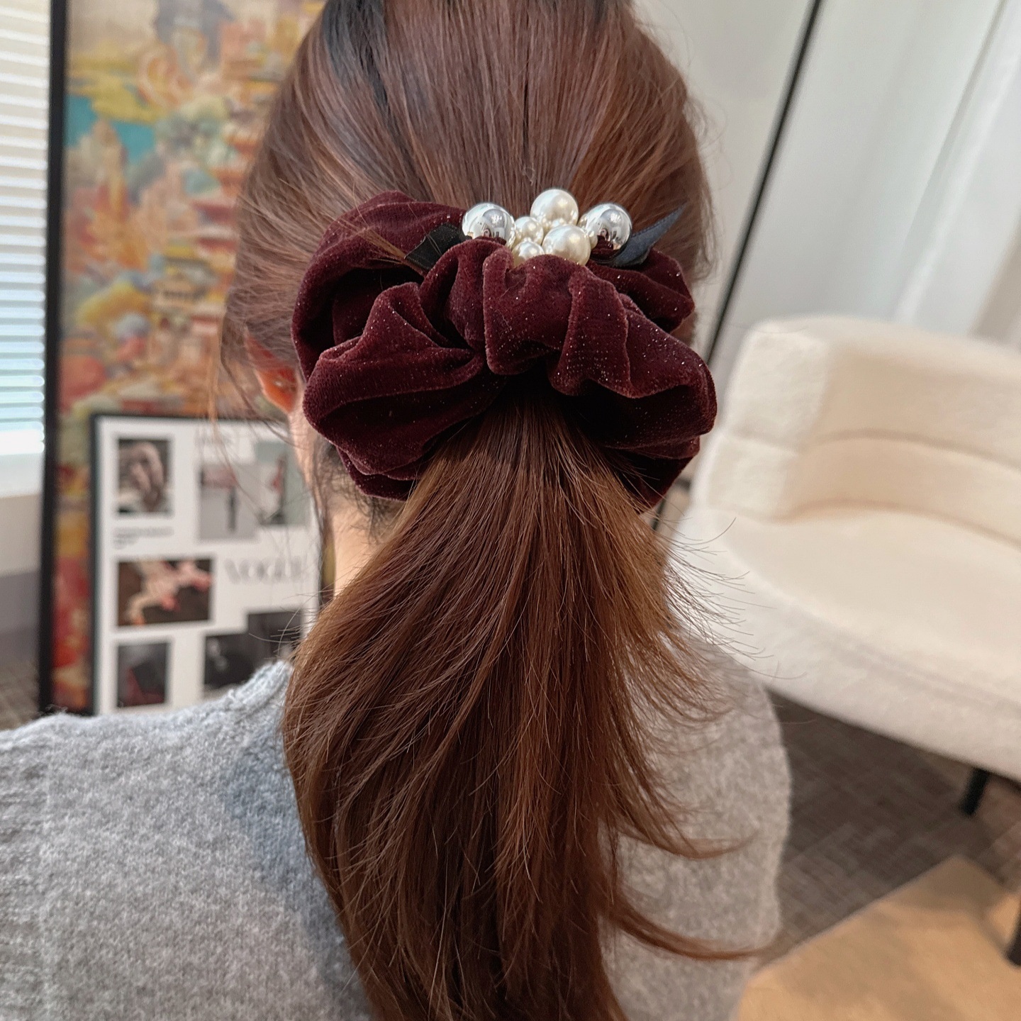 Women's French Velvet Pearl Hair Ring Autumn Winter Elastic Scrunchie