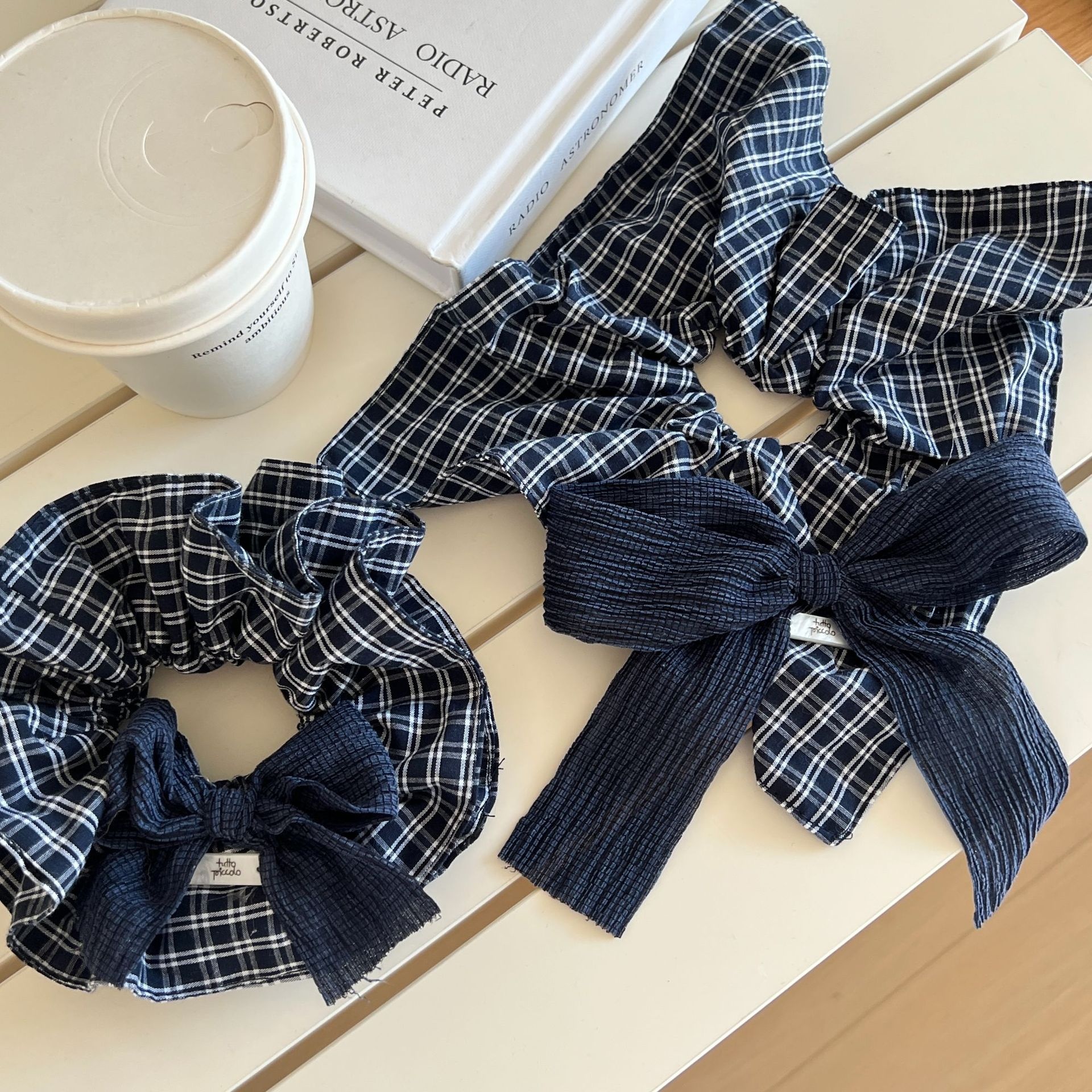 Women's Elegant Bowknot Scarf Scrunchie Hair Tie Retro Blue Denim Plaid